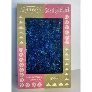 Vintage Tinsel Garland 18’ Blue Green W Box Holiday Tree MADE USA Tarnish Resist